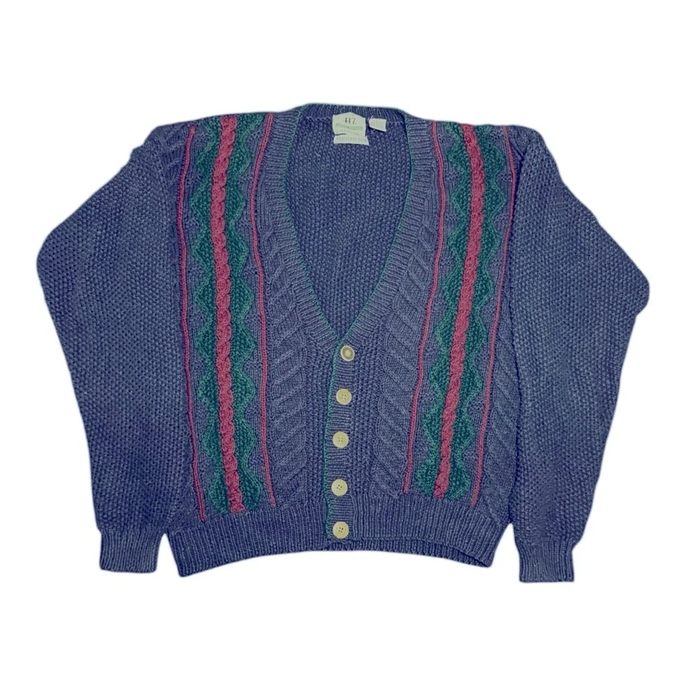 417 Van Heusen Vintage Button Down V-Neck Navy Blue Hand Knit Cardigan